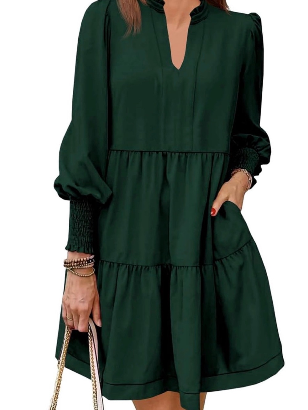 Women's Dark Green Tiered Long Sleeve Dress NWOT